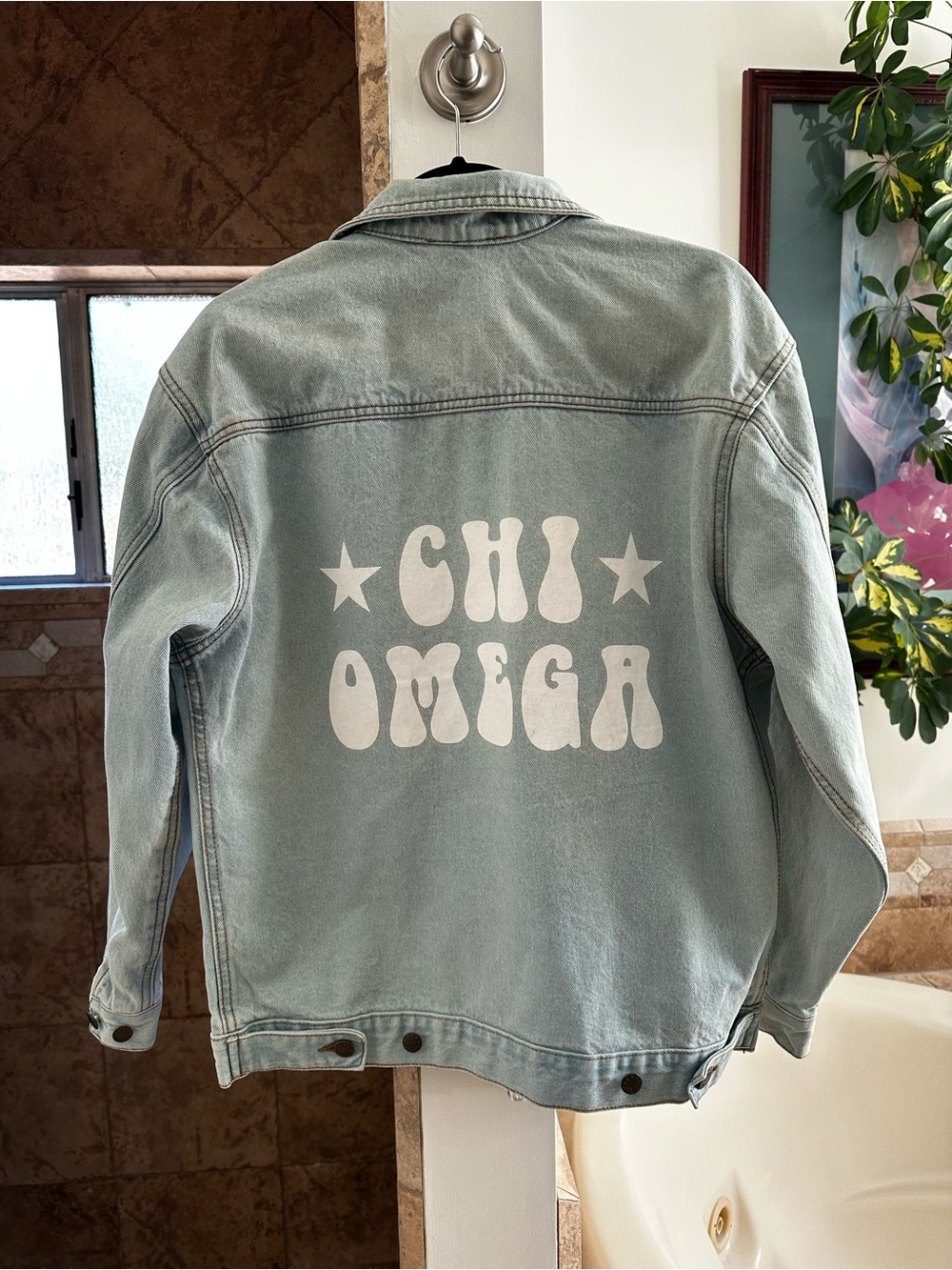 Chi Omega Sorority Greek Life Light Wash Retro Denim Trucker Jacket Small